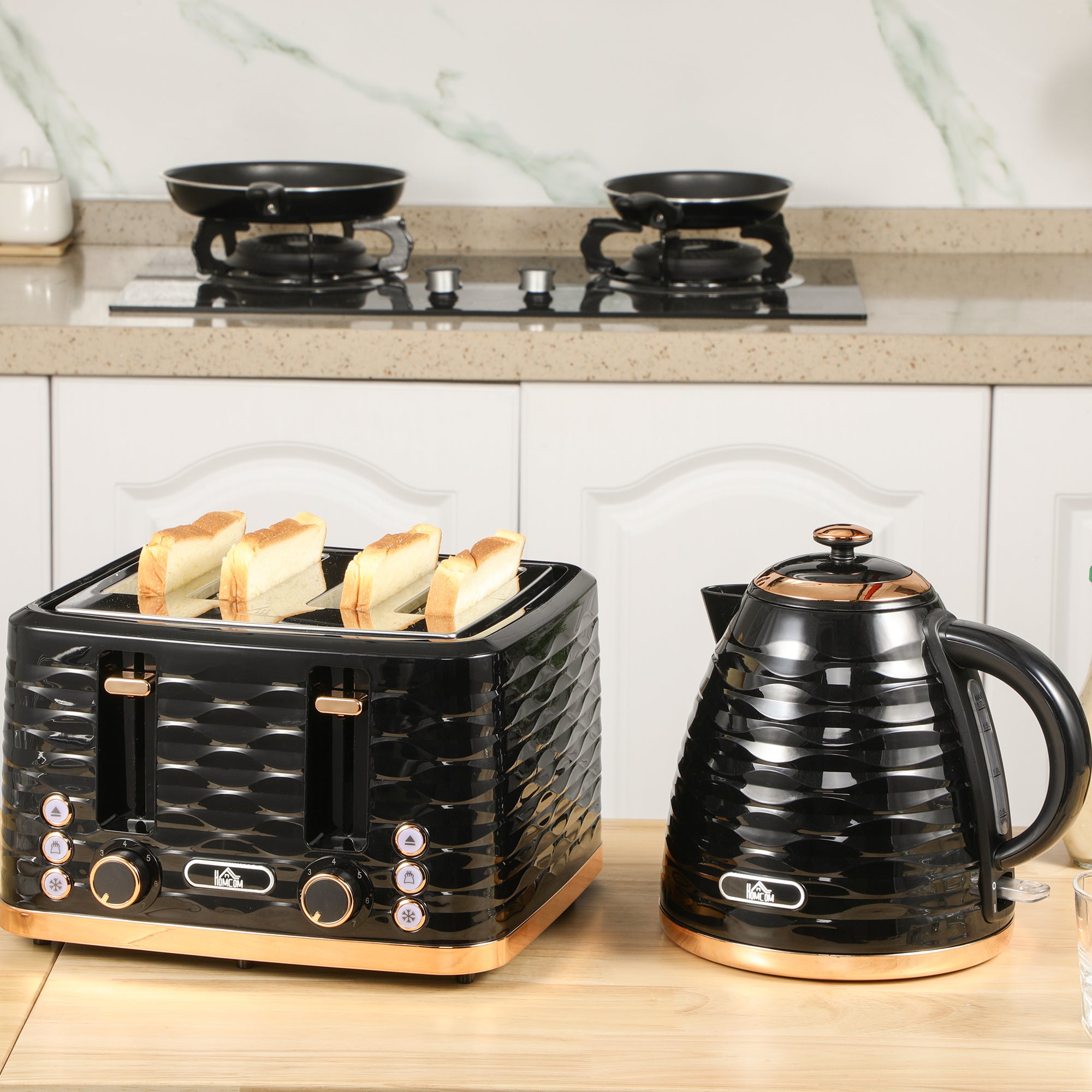 Kettle And Toaster Sets, 3000W 1.7L Rapid Boil Kettle & 4 Slice Toaster With 7 Browning Controls, Defrost, Reheat And Crumb Tray, UK Otter Thermostat, Black